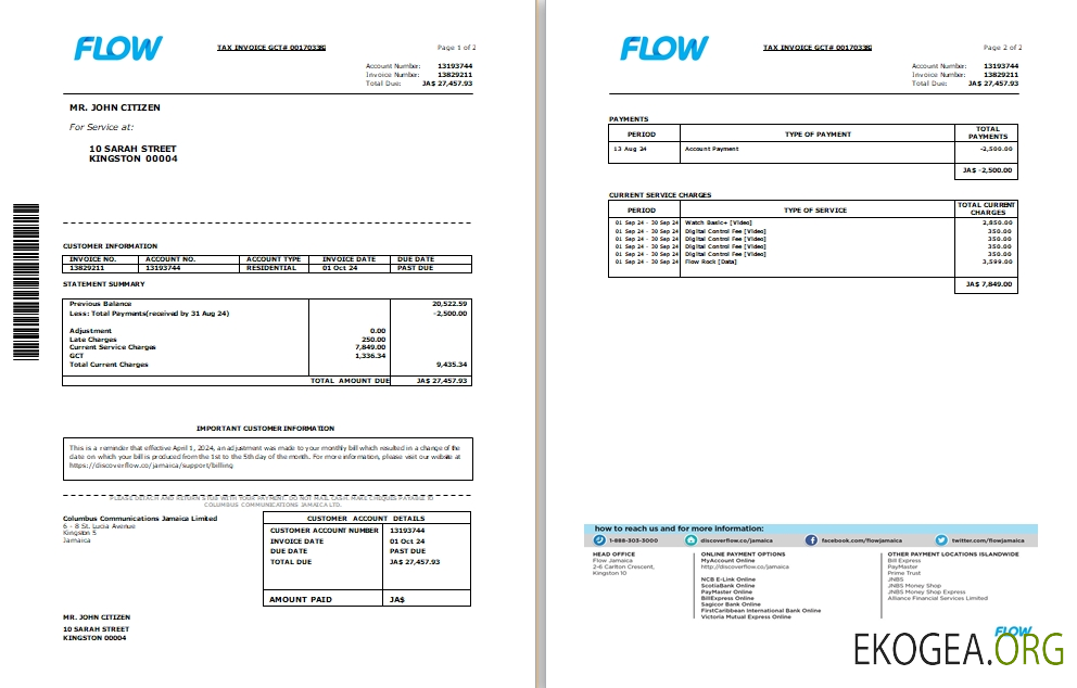 Jamaica Flow tax invoice cable and internet bill Word and PDF template, 2 pages SCR